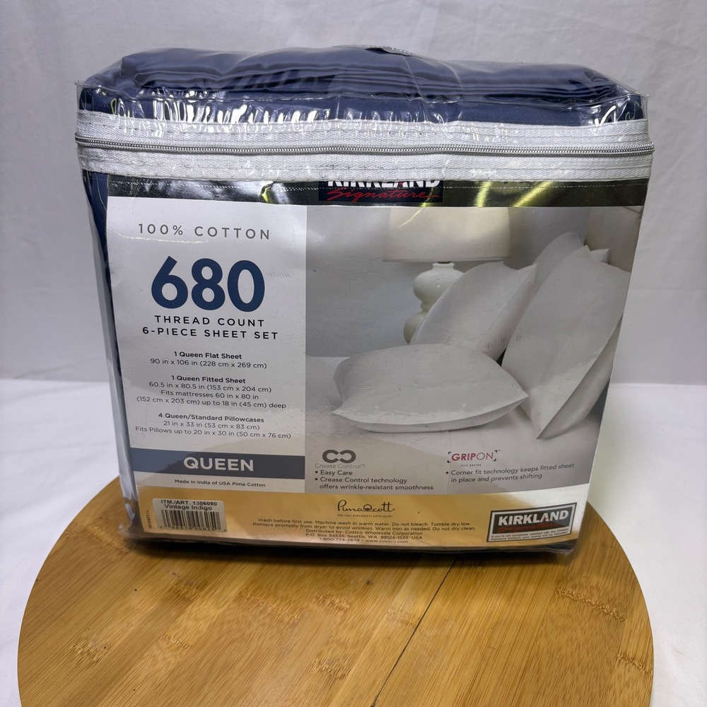 Kirkland Signature 680 Thread Count Queen 6 Piece Sheet Set Vintage Indigo